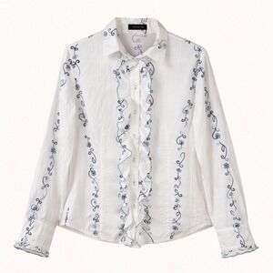 Apanage Womens White Blue Floral Embroidered Ruffle Pintuck Button Down Blouse